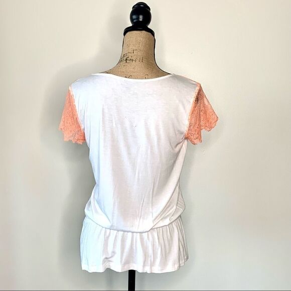 Ann Taylor Peach Lace Trim Sleeve Drop Waist Tee - Picture 3 of 10
